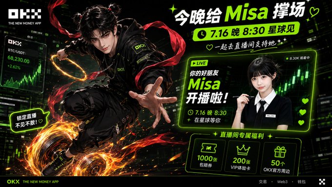 A promotional graphic for OKX (The New Money App) announcing a livestream hosted by "Misa" at 8:30 PM on 7.16, featuring an anime-style male character in a futuristic black outfit with fiery red effects alongside a female presenter, with trading data showing BTC/USDT at 68,230.00 (+2.62%) and offering livestream perks including 1000 discount coupons, 200 VIP experience cards, and 50 OKX mystery gift boxes. The image visually supports the post by advertising OKX's livestream event with influencer Misa to promote their new tokenized US stocks feature.