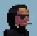 A low-resolution pixel art image showing a character with a beard wearing a beanie and smoking what appears to be a cigarette or cigar.