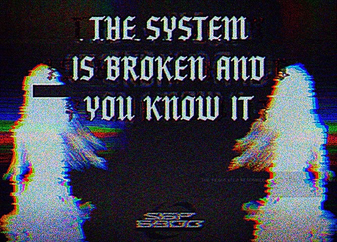 A distorted, glitchy image shows the text "THE SYSTEM IS BROKEN AND YOU KNOW IT" flanked by two ghostly white figures with RGB color separation, echoing the post's skepticism about blindly trusting crypto whitepapers and roadmaps that often lack substance. The "SDFZ 3303" stamp at the bottom adds to the rebellious, anti-establishment aesthetic reinforcing the message that institutional promises in crypto are unreliable.