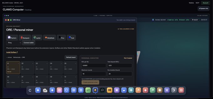 A screenshot of a CLAWD Computer desktop interface displaying the ORE / Personal miner application with Phantom, SolPack, Jupiter, and other wallet options visible.