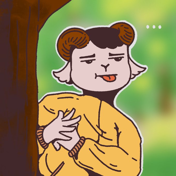 Illustration of a character with horns and a yellow hoodie leaning against a tree with a smirking expression, with an ellipsis speech bubble.
