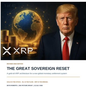 A document cover titled 'THE GREAT SOVEREIGN RESET' dated 22 July 2025, featuring an image of Donald Trump, a glowing globe, gold coins, and the 'XRP' logo.