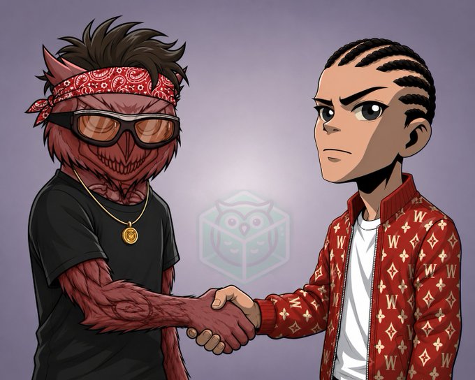 Digital illustration of two animated characters shaking hands - a red-skinned figure with a bandana, sunglasses, and gold chain on the left, and a character with braided hair wearing a red monogrammed jacket on the right, with an owl logo watermark.