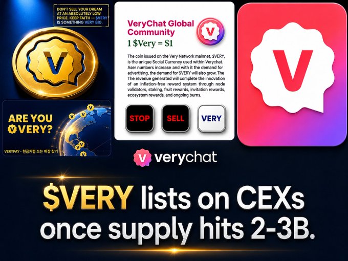 A promotional graphic for $VERY cryptocurrency, stating '1 $Very = $1' and '$VERY lists on CEXs once supply hits 2-3B,' with VeryChat logo and the warning 'DON'T SELL YOUR DREAM AT AN ABSURDLY LOW PRICE.'