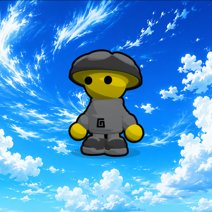 A cartoon-style digital illustration of a small yellow figure wearing a gray cap, gray hoodie with a 'G' logo, and dark shoes, standing against a backdrop of a bright blue sky with white clouds.