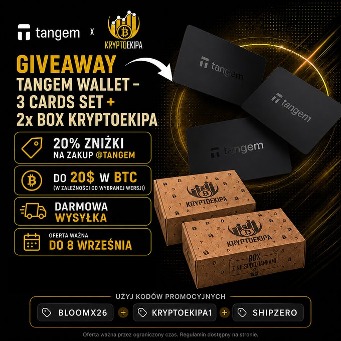 Promotional graphic for a 'Tangem x Kryptoekipa' giveaway, advertising a 3-card Tangem wallet set plus 2x Box Kryptoekipa, a 20% discount, and $20 in BTC, with promo codes BLOOMX26, KRYPTOEKIPA1, and SHIPZERO.