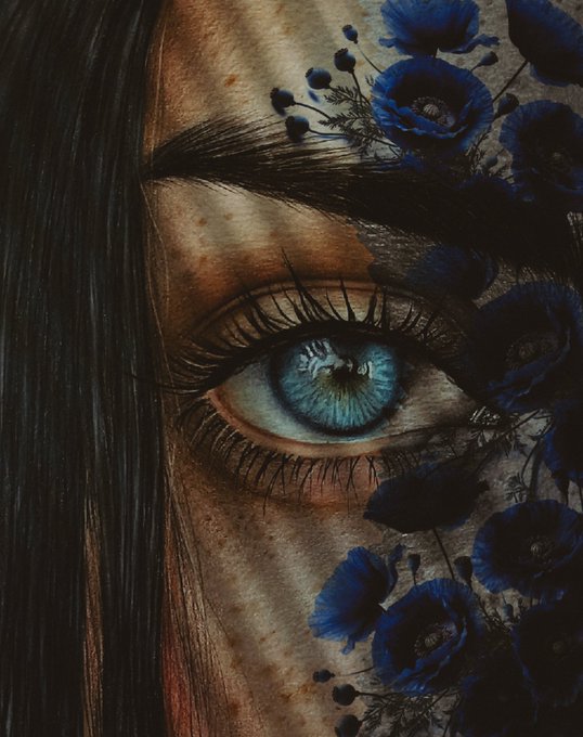 A close-up painted portrait of a woman's face featuring a striking blue eye, with dark blue flowers scattered across the right side of her face against a dark background.