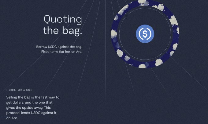 The image showcases a promotional graphic for a lending protocol on Arc, featuring the headline "Quoting the bag" and explaining how users can "Borrow USDC against the bag" with "Fixed term, flat fee, on Arc." A central graphic displays a dollar sign icon surrounded by a circular design, while the text clarifies that "Selling the bag is the fast way to get dollars... This protocol lends USDC against it, on Arc" with a disclaimer noting "USDC, NOT A SALE." This aligns with the post announcing the protocol as the first meme and stock lending platform on Arc, with the lending feature launching imminently.