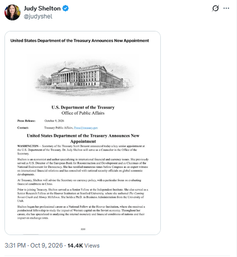 A tweet by Judy Shelton (@judyshel) about the United States Department of the Treasury announcing a new appointment as Secretary of the Treasury.
