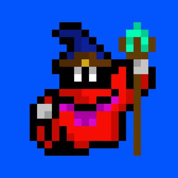 A pixel art character resembling a wizard with a pointed hat, staff, and red robe against a blue background, visually representing the "Zards" NFT collection referenced in the post about ApeChurch Deployer sweeping 3 Zards NFTs for 596.22 APE.