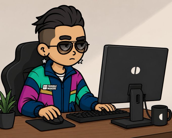 The image features a cartoon character wearing glasses and a colorful jacket sitting at a desk with a computer monitor in front of them. The character appears to be working or browsing the internet, as they are using a mouse and keyboard. There's also a potted plant on the left side of the scene, adding some greenery to the workspace. The image is related to a post about mining Pearl tokens, which suggests that the cartoon character might be involved in the mining process or has an interest in it.