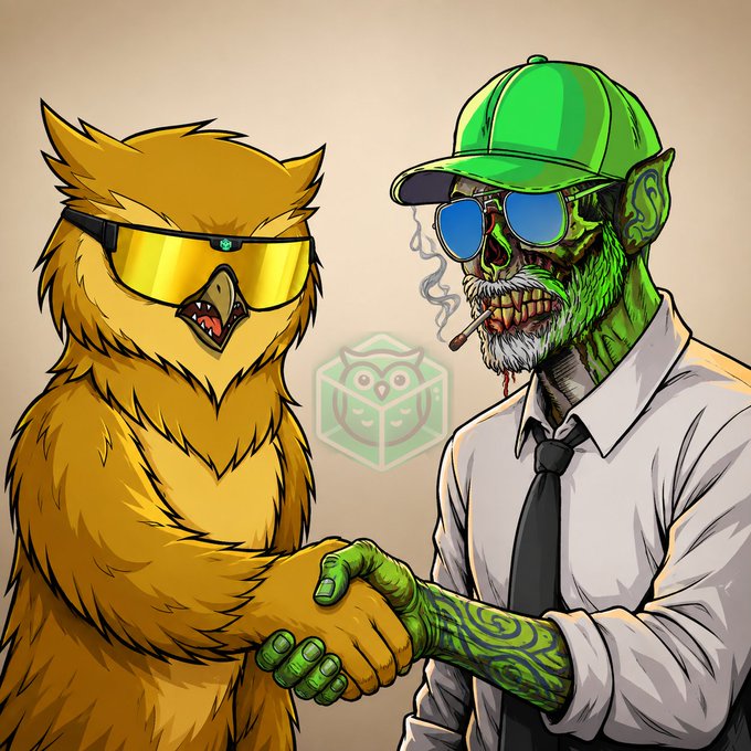 A cartoon illustration of a yellow owl-like creature wearing yellow sunglasses shaking hands with a green-skinned zombie-like man in a green cap, sunglasses, and tie.