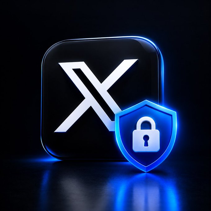 A glowing 3D render of the X (formerly Twitter) logo paired with a blue shield and padlock symbolizes the platform's restored security, visually reinforcing the message that the user's account has been reclaimed after a compromise. The lock icon serves as a reassuring emblem of protection as they resume activity and mention $STKR.