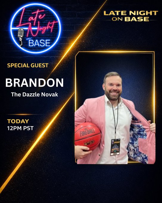 An advertisement poster for a live talk show featuring a man named Brandon. The poster features an image of a man holding up a basketball, suggesting that the event might be related to sports or fitness. The background has a gradient effect with alternating stripes of black and white, creating a visually interesting and modern appearance. The text in the advertisement highlights the importance of the guest and the quality of their conversation.