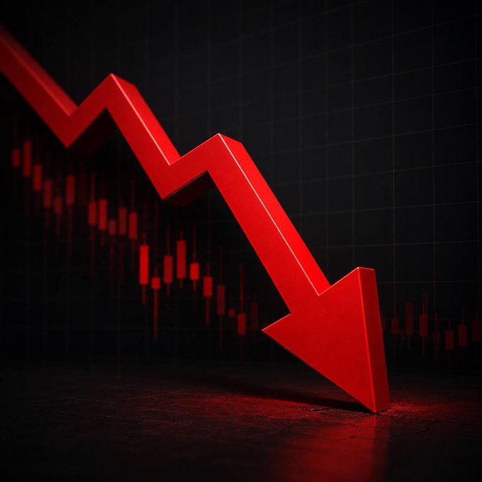 A large red 3D downward arrow plunges across a dark candlestick chart, visually conveying the steep price decline described in the alert about AI token prices hitting a record low. The dramatic, crashing arrow symbolizes the index's drop to 97 cents—less than half of its early-summer peak.