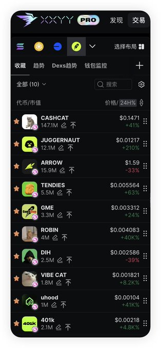 The image shows the XYY PRO meme coin tracking app displaying a watchlist of tokens including CASHCAT ($0.1471, +41%), JUGGERNAUT ($0.01217, +210%), ARROW ($1.59, -33%), TENDIES ($0.005564, +63%), GME ($0.003312, +24%), ROBIN ($0.004083, +400%), DIH ($0.002586, -39%), VIBE CAT ($0.001821, +8.2K%), uhood ($0.00104, +41K%), and 401k ($0.00218, +4.8K%), which appears to be the meme trading tool referenced in the Robinhood meme strategy guide.