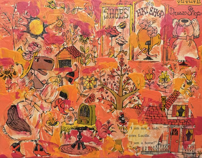A vibrant, naive-style painting in pink and orange tones showing an anthropomorphic horse woman at a dress shop, with signs reading 'SHOES', 'HAT SHOP', and 'Dress Shop', and a speech bubble stating 'I am not a lady,' cries Lucille. 'I am a horse!''