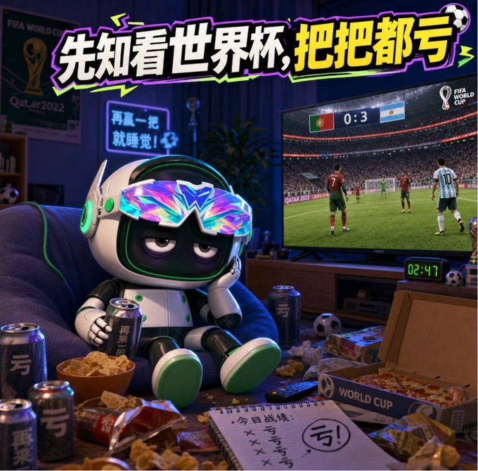 A cartoon robot wearing reflective sunglasses sits on a couch watching a FIFA World Cup Qatar 2022 match (Portugal vs Argentina, score 0:3) with Chinese text reading '先知看世界杯,把把都亏' (Prophet watching the World Cup, losing every bet) and '再赢一把就睡觉!' (Win one more then sleep!).