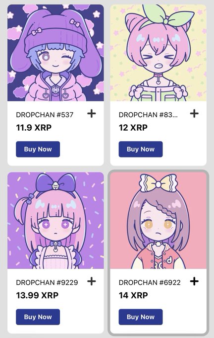 The image displays a marketplace listing of four "DROPCHAN" NFT characters priced in XRP, including DROPCHAN #537 at 11.9 XRP, #83... at 12 XRP, #9229 at 13.99 XRP, and #6922 at 14 XRP. This visual supports the post's claim about the project's secondary market floor price rising to 11.9 XRP, well above the original 5 XRP mint price.
