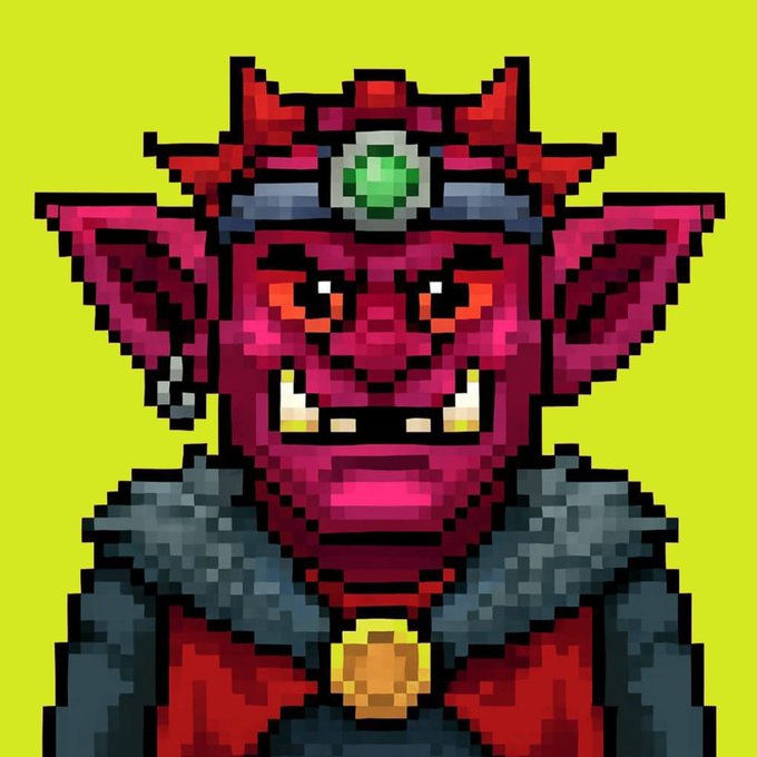 A pixel art illustration shows a red-skinned demonic character with horns, fangs, and pointed ears wearing a grey and red outfit with a gold medallion, set against a yellow-green background.