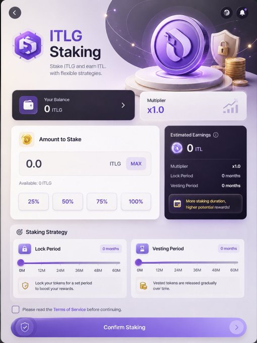 An 'ITLG Staking' interface showing a balance of 0 ITLG, multiplier of x1.0, and options to stake with lock period and vesting period sliders, along with a 'Confirm Staking' button.