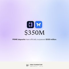 A PRISM Foundation promotional graphic showing the Hyperliquid and Mirror (MIR) logos with the text '$350M – PRIME deposits have officially surpassed $350 million'.