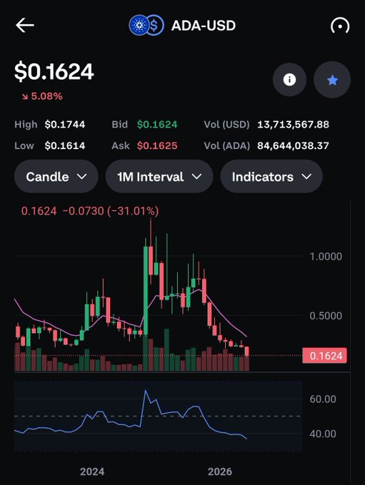 "ADA.USD" means "Bitcoin asset", which is down 95% from its historic peak, as seen in the image. This has attracted the attention of retail traders who see an opportunity to make a profit, while ADA.USD holders are focused on preserving and capitalizing on the gains made over time through governance power and generational wealth management. The post suggests that the asset is worth buying now due to its historical performance.