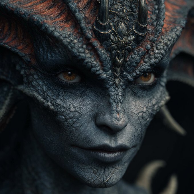 A detailed CGI close-up portrait of a fantasy creature resembling Maleficent, with textured blue-gray skin, horns, and golden eyes.