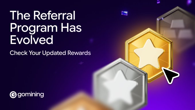 The image is a promotional graphic by GoMining with the headline "The Referral Program Has Evolved" and subtitle "Check Your Updated Rewards," featuring gold and silver hexagonal star badges against a purple background. It visually reinforces the message that GoMining's referral rewards have evolved by tying them to VIP levels, with the gold and silver star badges symbolizing the tiered reward system now ranging from 5% at Bronze up to 15% at the highest VIP tiers.