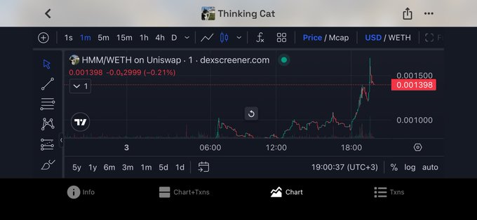 A Dexscreener chart for HMM/WETH on Uniswap showing a price of 0.001398, down -0.21%, dated 19:00:37.