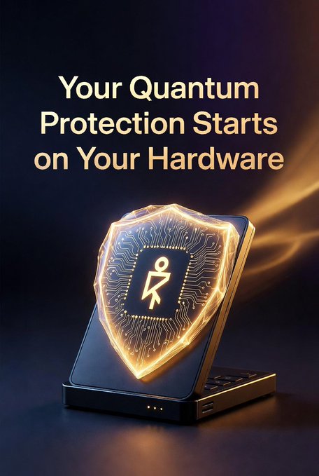 The image features a black smartphone with a gold shield design, which appears to be a QR code or a QR code scanner. The text "Your Quantum Protection starts on your hardware" is displayed above the shield. This suggests that the smartphone's QR code or scanner can be used for generating and storing private keys locally, providing an additional layer of security beyond what is available through traditional methods like passwords or biometrics.