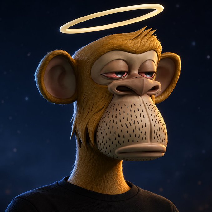 A 3D-rendered monkey character with a bored or tired expression, red eyes, and a glowing golden halo above its head, set against a dark, starry background.