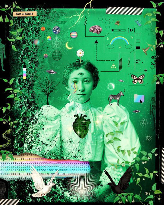 A surreal green-toned digital collage featuring a vintage portrait of a woman overlaid with imagery of planets, a brain, a zebra, a rainbow, binary code, and a heart made of circuitry, with the text 'data + drizzle' at the top.