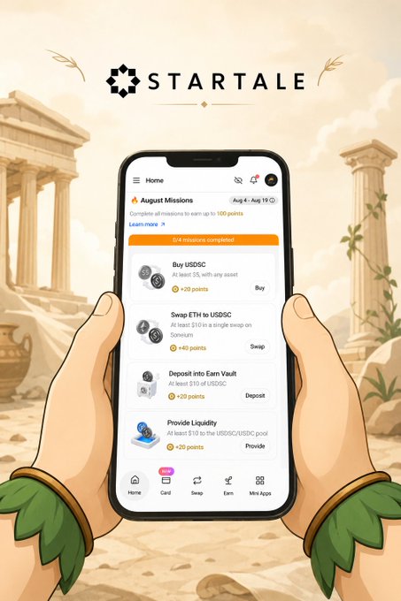 STARTALE promotional graphic displaying a smartphone held by hands, showing a crypto rewards app interface with missions to Buy USDC, Swap ETH to USDC, deposit into Earn Vault, and provide liquidity.