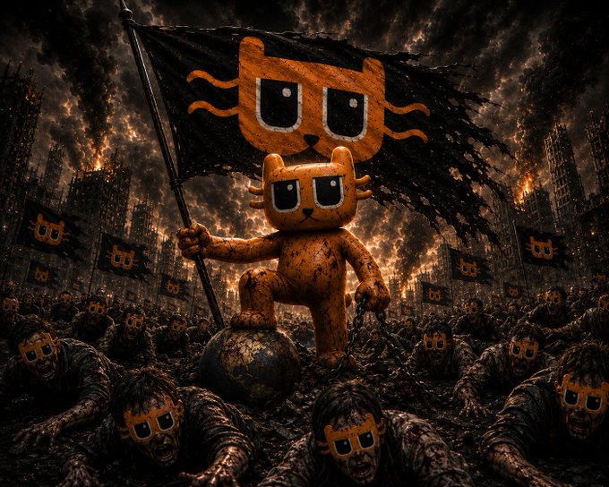 The image features a cartoon cat standing on top of a globe, holding an orange flag with black lettering that says "bitcoin already has its cat overlord now it's time for the rest of the world to accept theirs". The scene takes place in a dark and gloomy setting, which adds to the overall atmosphere. The caption above the image suggests that Bitcoin is gaining acceptance from the rest of the world, just like the cartoon cat standing on top of the globe.