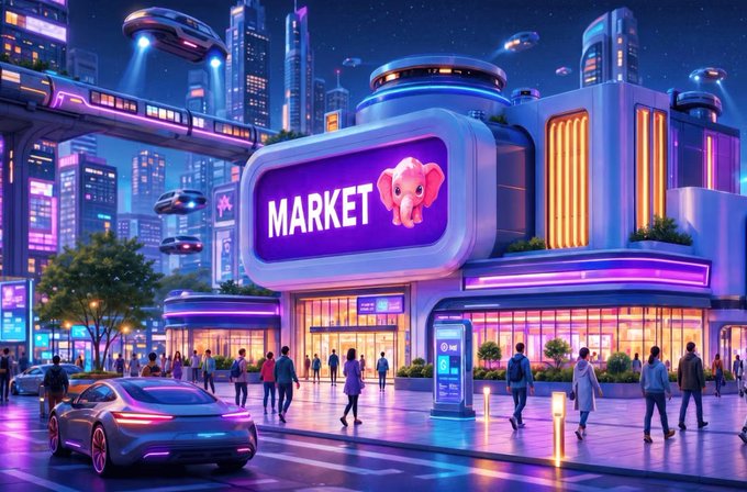 A futuristic nighttime cityscape featuring a large illuminated 'MARKET' sign with an elephant logo, surrounded by flying vehicles, neon-lit skyscrapers, and pedestrians.