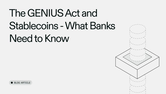 Title graphic reading 'The GENIUS Act and Stablecoins - What Banks Need to Know' labeled as a 'BLOG ARTICLE' with an isometric coin illustration on the right.