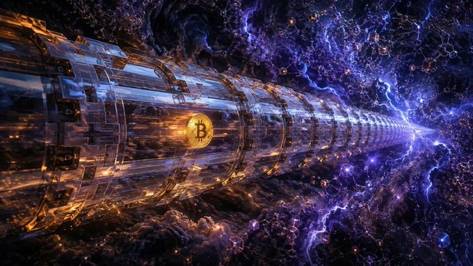 A glowing Bitcoin symbol is encased within a high-tech, segmented metallic tunnel stretching into a cosmic expanse of purple and orange energy, symbolizing the fusion of cryptocurrency with advanced, quantum-resistant technology. The "B" Bitcoin logo is prominently visible at the center, representing the test of quantum-proof encryption on the blockchain network.