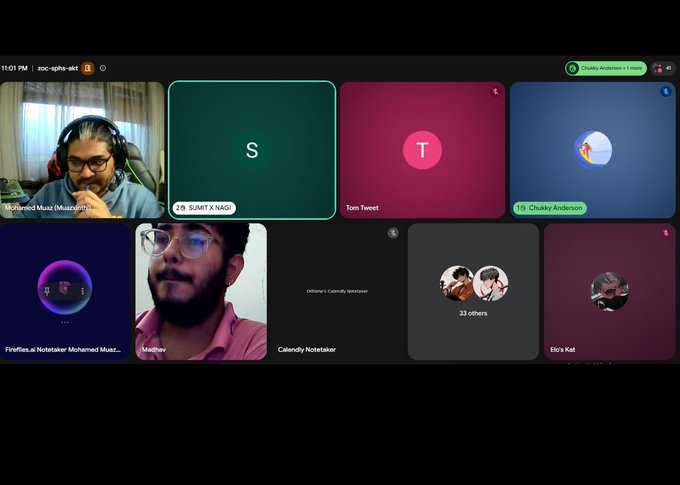 A Google Meet video call screenshot showing multiple participants including 'Mohammed Muaz', 'SUMIT X NAG', 'Tom Tweet', 'Chukky Anderson', and others in a meeting labeled 'zoc-aphs-akt'.