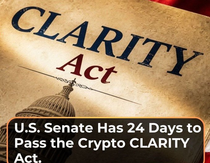 A graphic featuring the text "CLARITY Act" overlaid on an aged parchment background with the U.S. Capitol dome at the bottom, accompanied by the caption "U.S. Senate Has 24 Days to Pass the Crypto CLARITY Act." The image visually reinforces the post's message about the urgency for the Senate to pass the CLARITY Act before the summer recess.