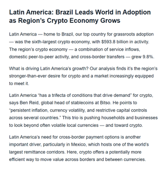 Article titled 'Latin America: Brazil Leads World in Adoption as Region's Crypto Economy Grows' discussing the region's $593.8 billion crypto economy and quotes from Bitso's Ben Reid.