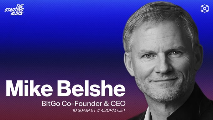 A black-and-white portrait of Mike Belshe, BitGo Co-Founder & CEO, is featured on "The Starting Block" promotional graphic with a blue-to-red gradient background, advertising his appearance at 10:30AM ET / 4:30PM CET to discuss topics including the Clarity Act, Fed Chair Warsh, AI's market impact, and Strategy's Bitcoin sales.