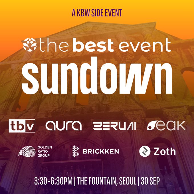 Promotional graphic for "the best event sundown," a KBW side event taking place 3:30-6:30 PM at The Fountain in Seoul on September 30th, featuring sponsor logos including TBV, Aura, Zeruni, Peak, Golden Ratio Group, Brickken, and Zoth against an orange sunset backdrop of classical architecture—visually capturing the event's sunset Seoul atmosphere and inviting the Web3 community to network in a relaxed setting.