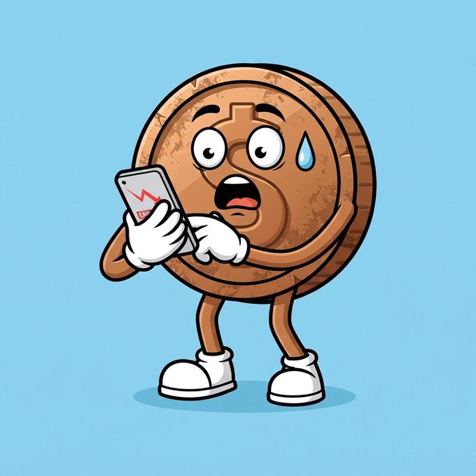 A cartoon illustration of a bronze coin character with arms and legs, looking shocked while holding a smartphone displaying a downward-trending chart.
