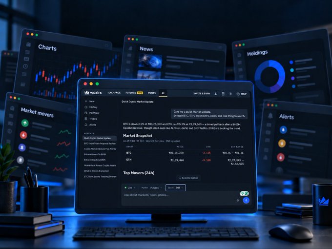 A sleek monitor displays the WazirX AI dashboard on a dark-themed trading interface, surrounded by floating windows labeled "Charts," "News," "Holdings," "Market movers," and "Alerts," showing tickers like BTC and ETH alongside a 24-hour "Top Movers (24h)" snapshot. The scene visually reinforces the post's message by depicting a trader surrounded by multiple tabs before consolidating them into the single WazirX AI interface in the center.