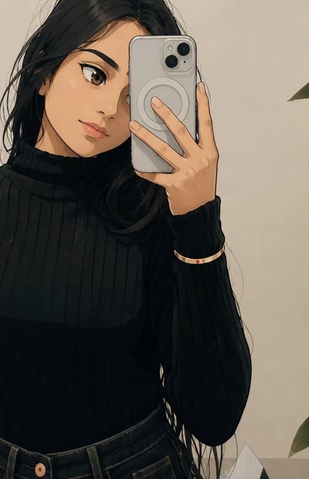 An anime-style illustration of a dark-haired woman taking a mirror selfie with her phone, wearing a black ribbed turtleneck sweater.