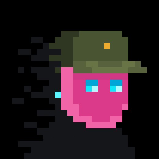 A pixel art character with a pink round body, blue eyes, and a green military-style cap appears against a black background.
