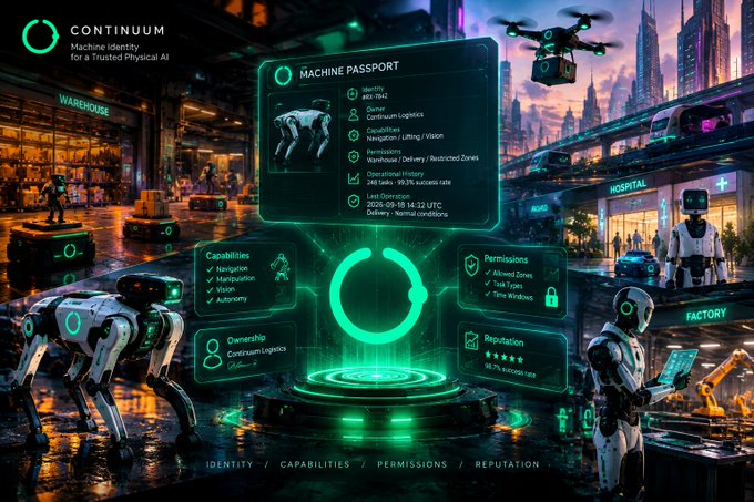 A futuristic 'CONTINUUM' digital interface shows a 'MACHINE PASSPORT' for a quadruped robot, detailing its identity, capabilities, permissions, and reputation within a neon-lit cityscape.