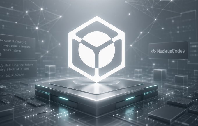 A futuristic 3D digital scene features a glowing hexagonal "NucleusCodes" logo hovering above a metallic platform, with the tagline "Building the future one block at a time" and code snippets visible in the background.