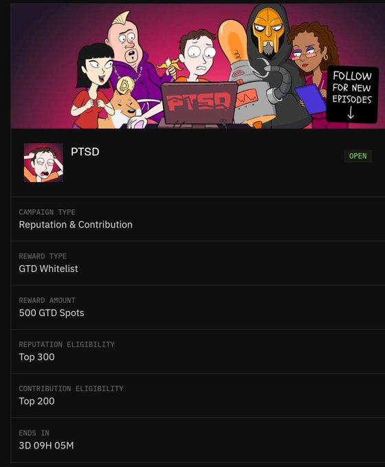 A campaign details page for a project called 'PTSD' showing animated characters, with reward types including 500 GTD Whitelist spots, reputation eligibility for Top 300, contribution eligibility for Top 200, and a countdown of 3 days, 9 hours, 5 minutes remaining.